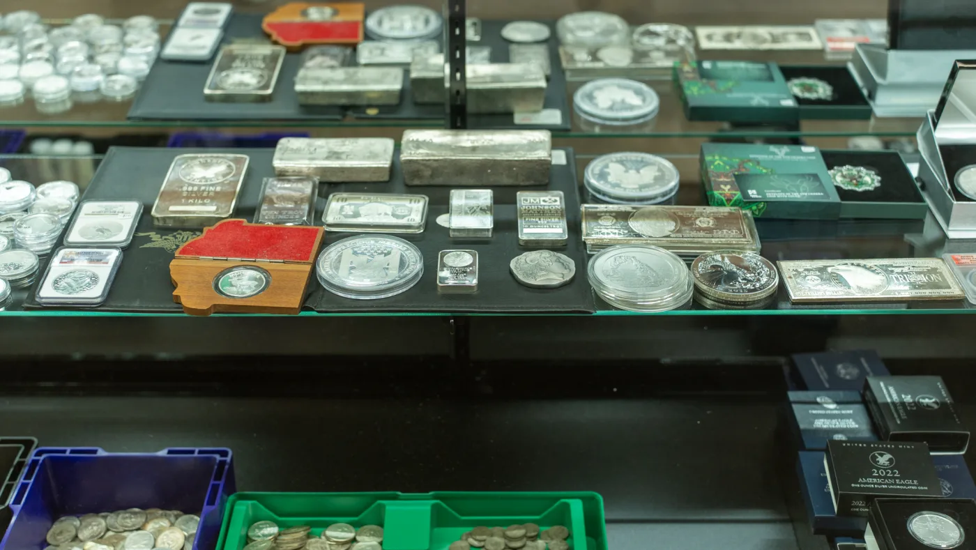 Display cases at Eagle Coin showing the variety of inventory